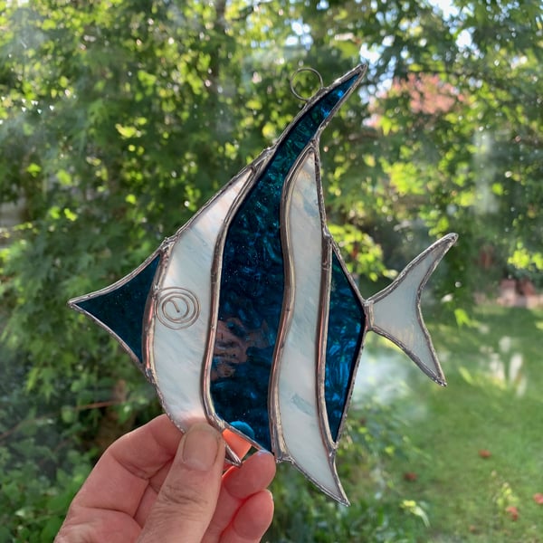 Stained Glass Angel Fish Suncatcher - Handmade Decoration - Turquoise and White