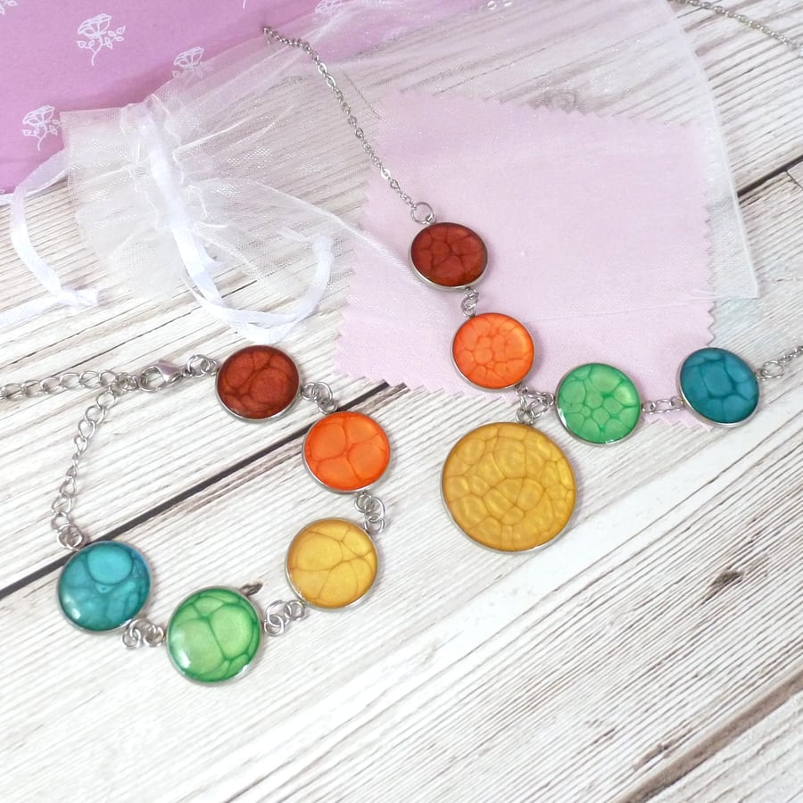 Rainbow necklace and Rainbow Bracelet set. Bright and colourful jewellery