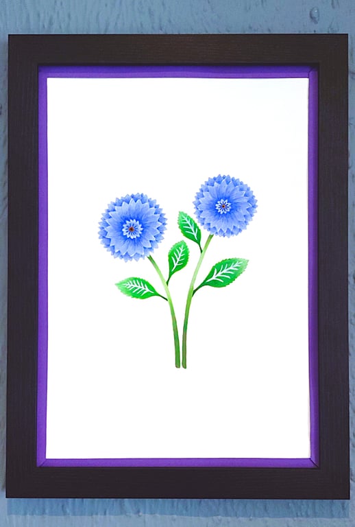 Genuine Made in UK Framed A3 Print Blue Dahlia Modern Purple Border Wallart     