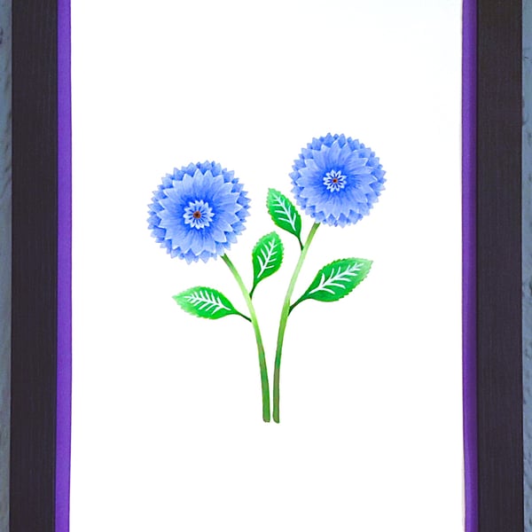 Genuine Made in UK Framed A3 Print Blue Dahlia Modern Purple Border Wallart     
