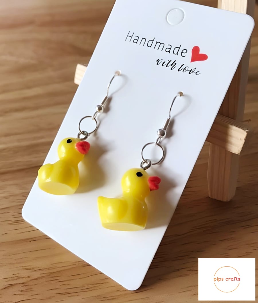 Cute Yellow Rubber Duck Earrings - Fun Quirky Jewellery, 925 Silver Hooks