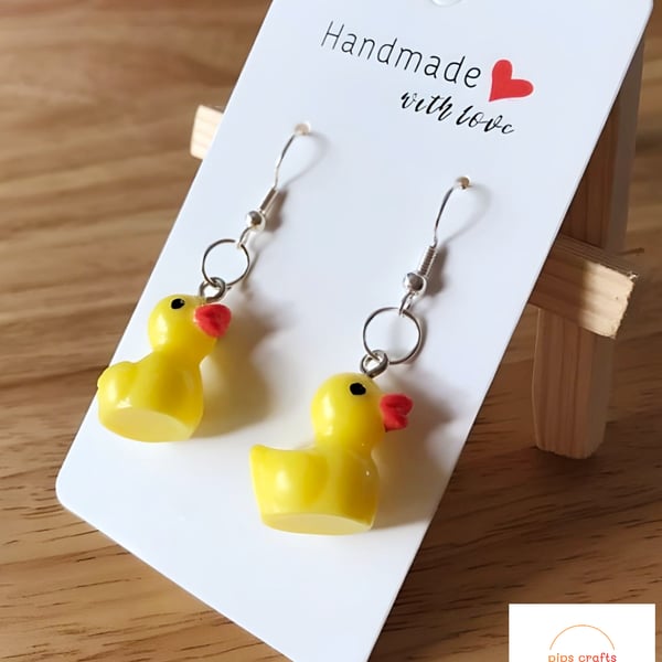 Cute Yellow Rubber Duck Earrings - Fun Quirky Jewellery, 925 Silver Hooks
