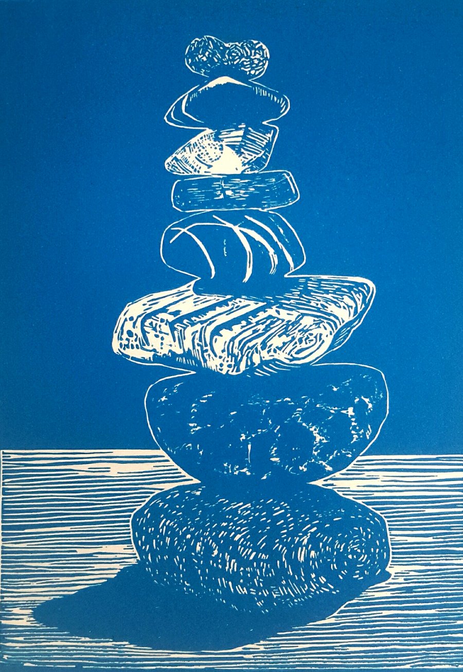 Linocut of Pebbles in blue  Beach lovers gift