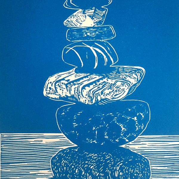 Linocut of Pebbles in blue  Beach lovers gift