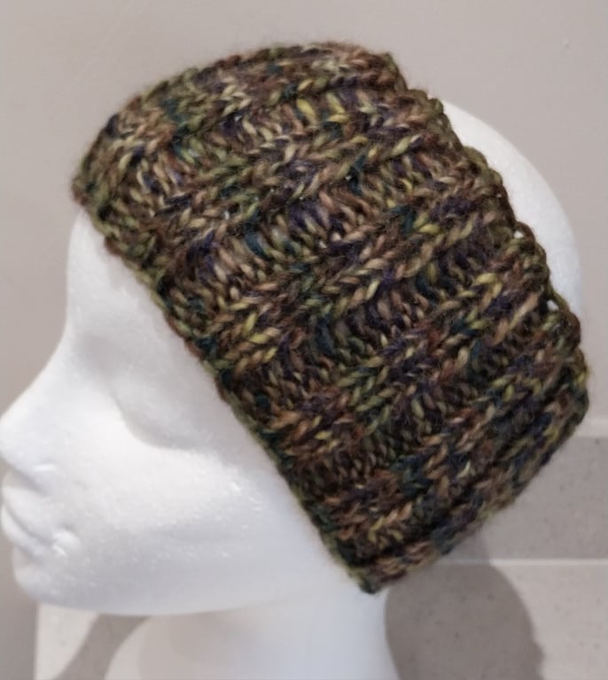 Hand Knitted pure wool chunky Headband M Dark Khaki tweed