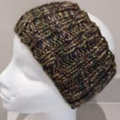 Hand Knitted pure wool chunky Headband M Dark Khaki tweed