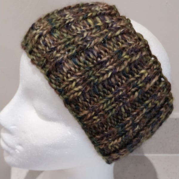 Hand Knitted pure wool chunky Headband M Dark Khaki tweed