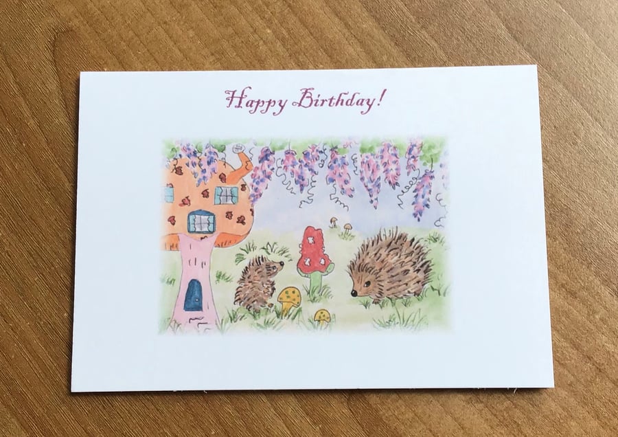 Hedgehog card, Hand painted, Happy birthday,Toadstool, Water colour,