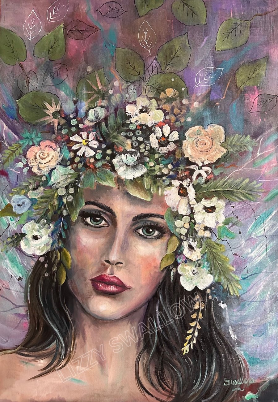The Enchanted Wildflower – Original Mixed-Media Portrait 