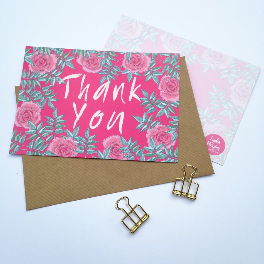 Pack of 10 Thank You Postcards with Brown Kraft Envelopes - Pink Rose