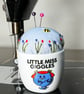 Little Miss Giggles egg cup embroidered pin cushion with bee and flowers