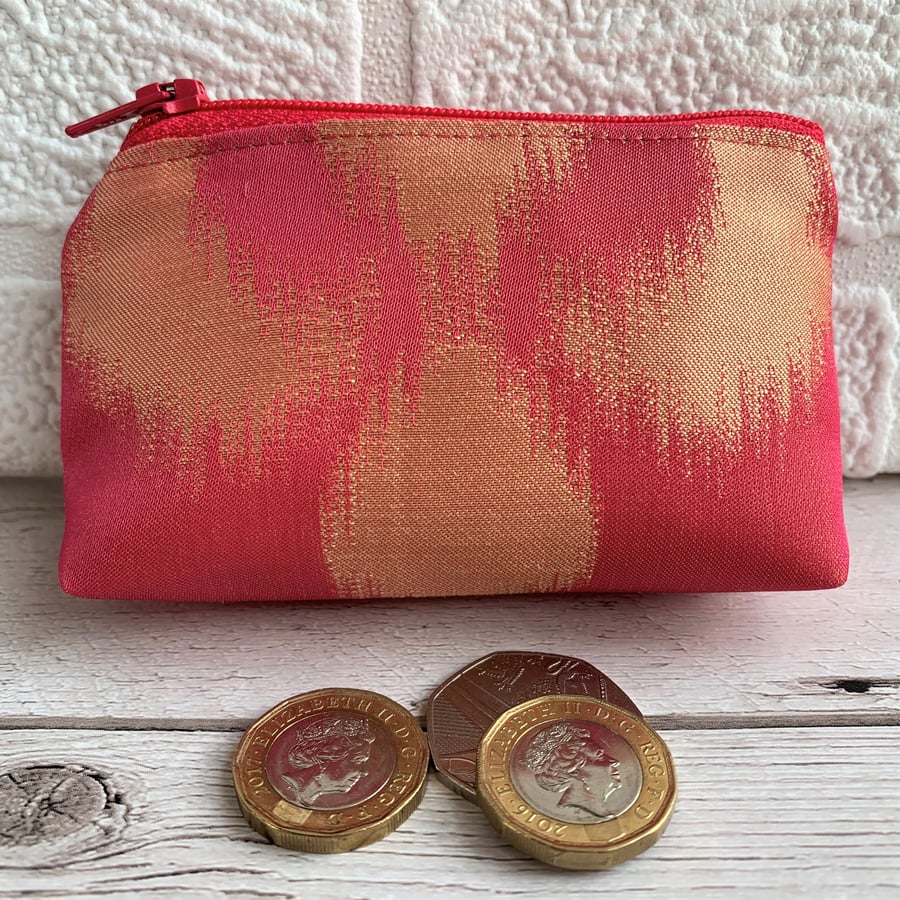 Hot pink small purse, coin purse with shiny gold abstract pattern