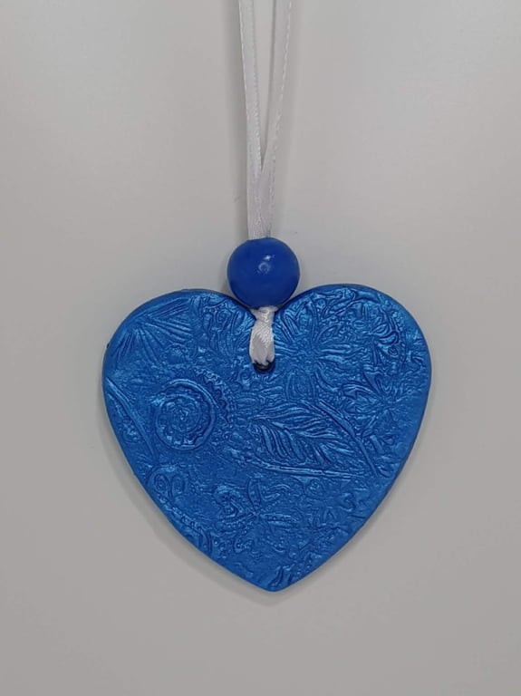  Heart, blue clay hanging Christmas tree decoration or gift 