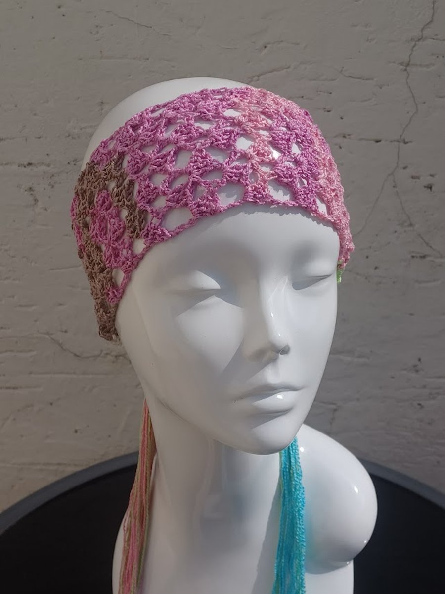 Summer head scarf, crochet beach headband, multicolours bandana
