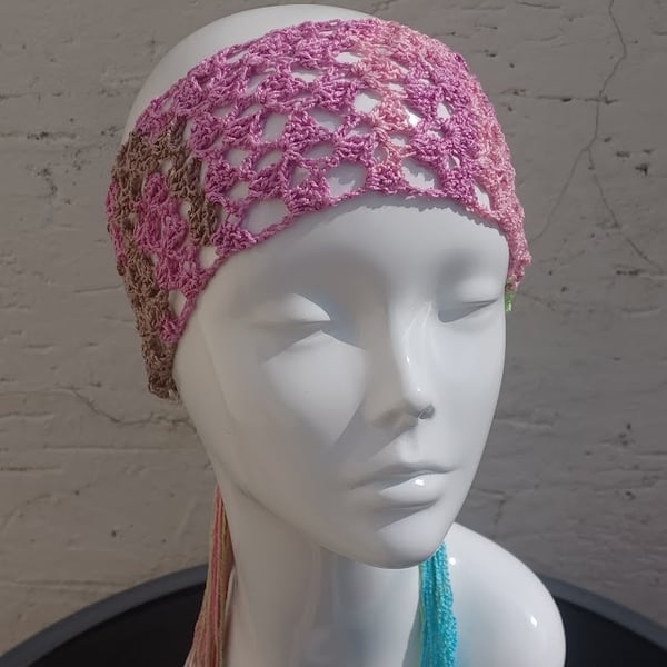 Summer head scarf, crochet beach headband, multicolours bandana