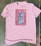 unisex upcycled lino print unique jester cat tshirt sized small
