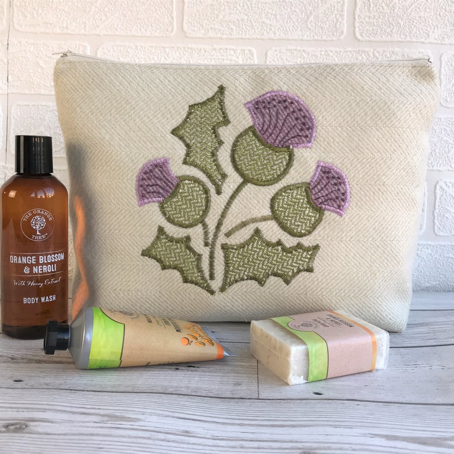 Cream toiletry bag, wash bag with Thistle design