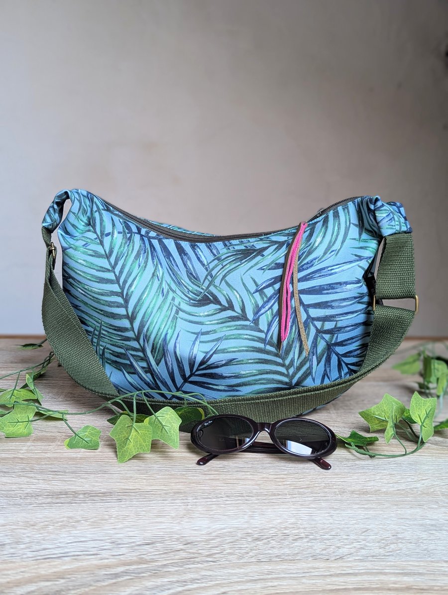 Large Cross Body Dumpling or Sling Bag with Water Repellant Leaf Design 