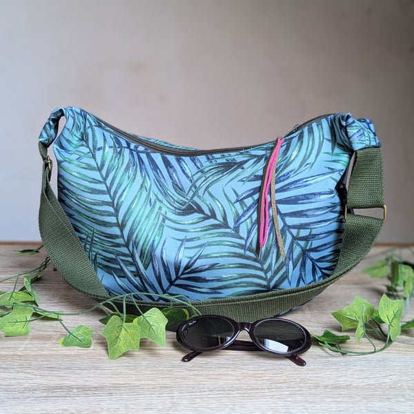 Large Cross Body Dumpling or Sling Bag with Water Repellant Leaf Design 