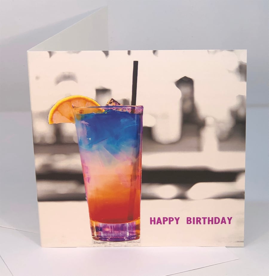 Birthday Card - Rainbow Cocktail - Metallic Pink Foil