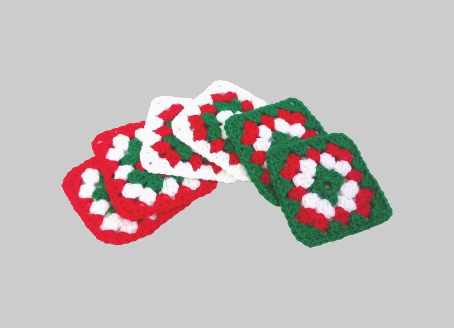 Christmas coasters in red, green and white, square pattern, set of six, handmade
