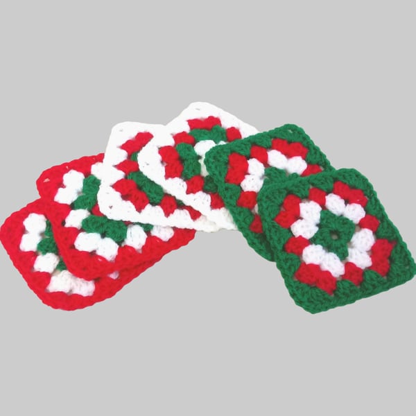 Christmas coasters in red, green and white, square pattern, set of six, handmade