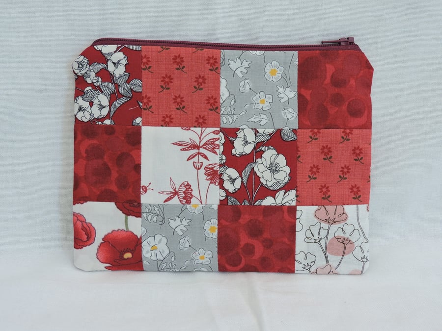 Make Up Bag  Zipped Pouch  Patchwork in Red White Grey