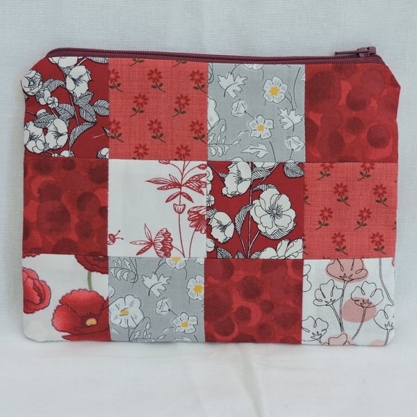 Make Up Bag  Zipped Pouch  Patchwork in Red White Grey