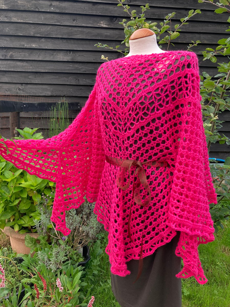 Handmade Lace Blouse Cover Up Handkerchief Top in Fuchsia Pink Merino Wool Yarn