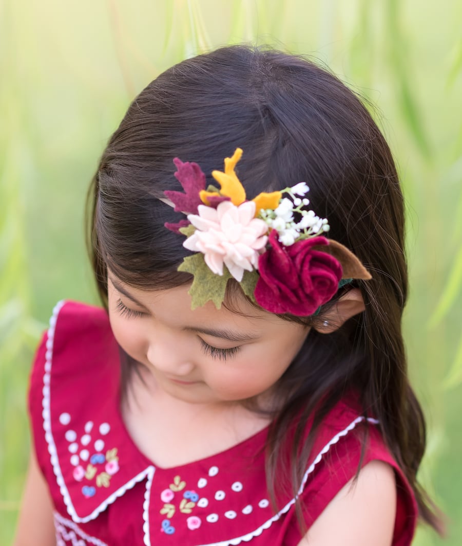 FREE SHIPPING Autumn Fall Felt Flower Headband, Whimsical Flower Crown, Burgundy