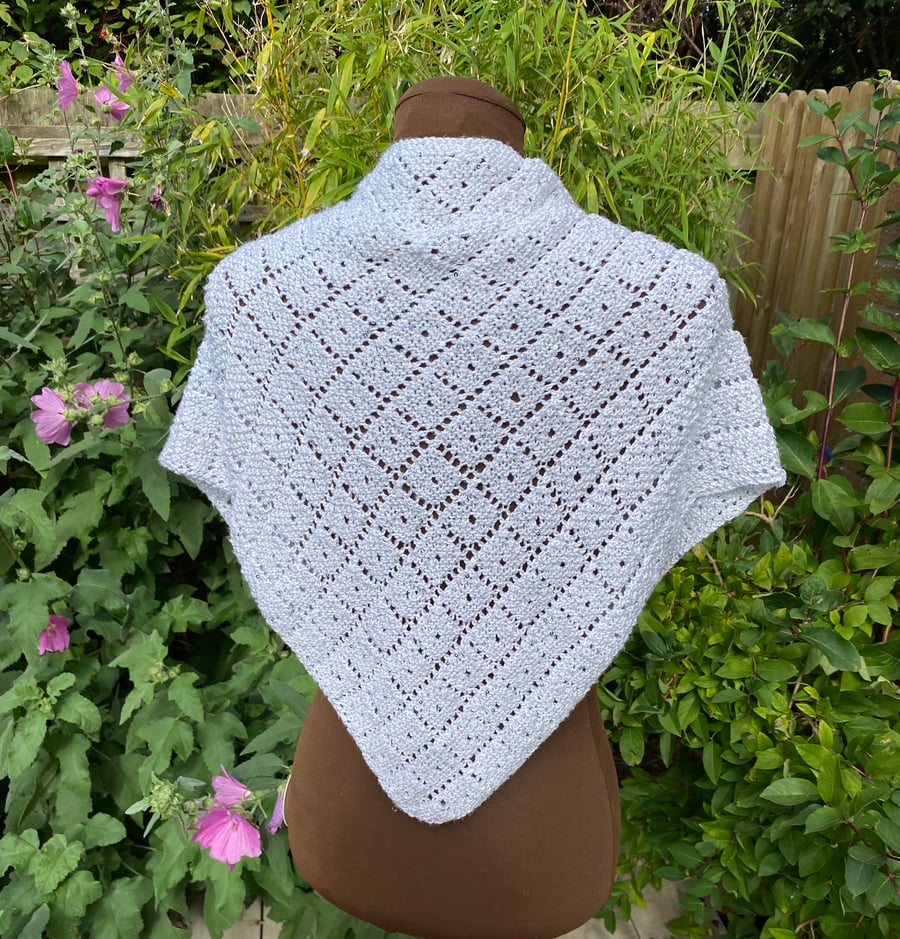 Hand knitted white and silver sparkly shawl scarf 