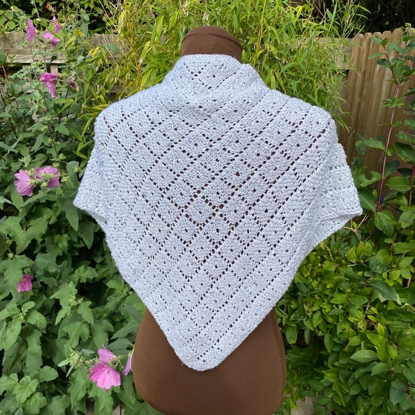 Hand knitted white and silver sparkly shawl scarf 