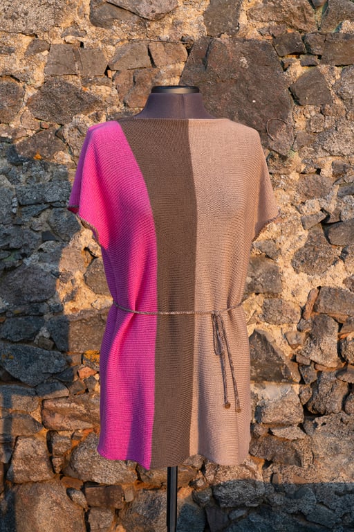 Summer Colours Tunic. Hot pink, mink and chocolate knitted top. Merino Tunic.