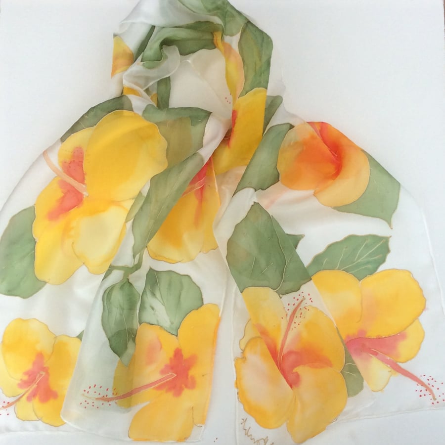 Yellow Hibiscus hand painted silk scarf