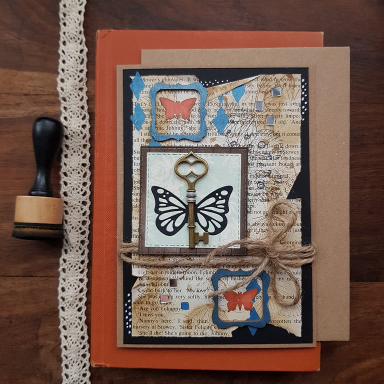 Butterfly mixed media card handmade blue