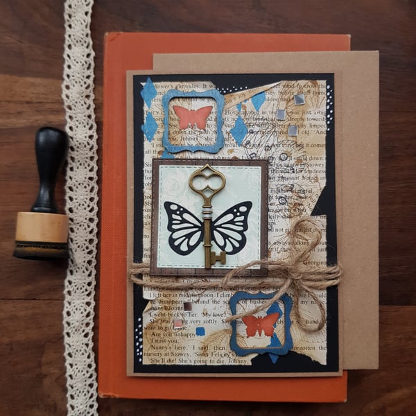 Butterfly mixed media card handmade blue