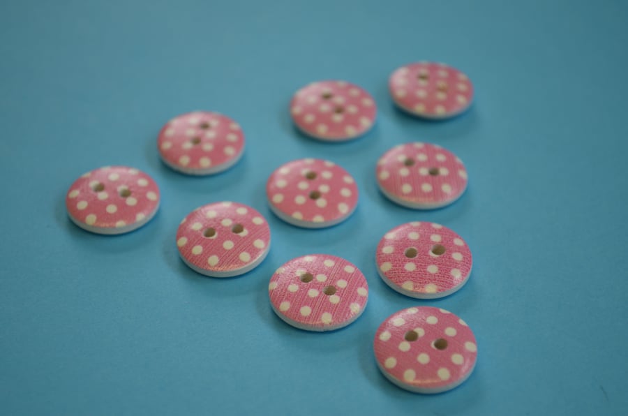 15mm Wooden Spotty Buttons Candy Pink With White Dots 10pk Spot Dot (SSP7)