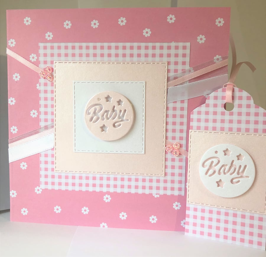 Handmade New Baby Girl Pink card 6x6 inches with Matching Gift tag