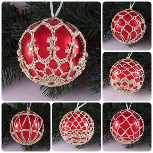 Christmas baubles boxed set of 6 large decorated with crochet lace (A7)