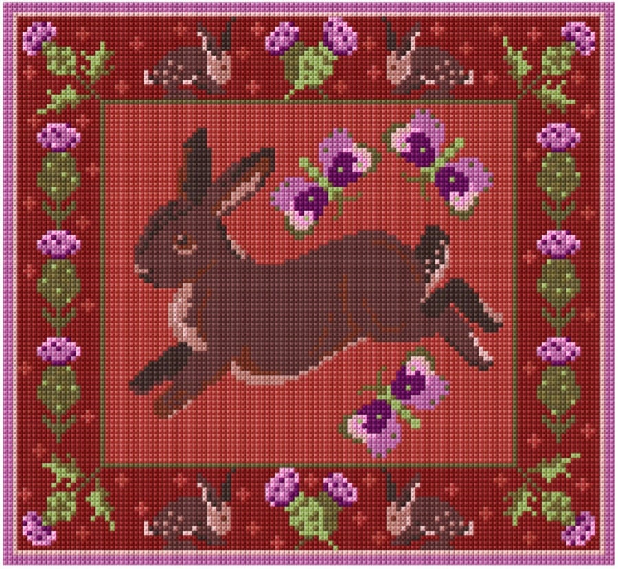Thistle Rabbit Tapestry Kit, Charted Cross Stitch, Bunny Cushion, Pillow