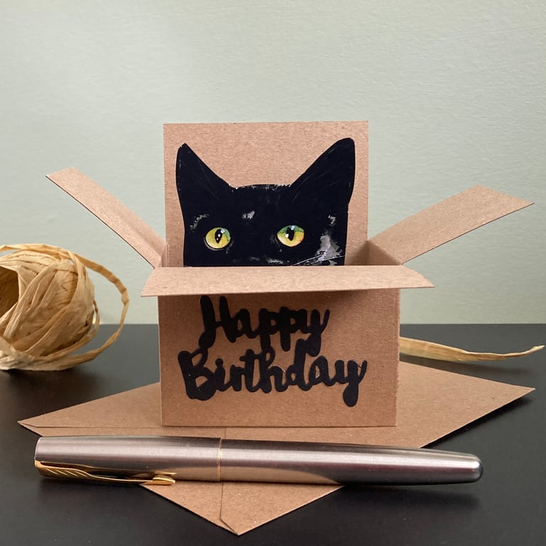 Black Cat Card: Birthday, Personalised or Blank. Cat in a box gift card holder.