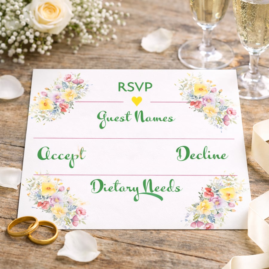 Floral Wedding Invitation & RSVP Set with Handmade Envelopes
