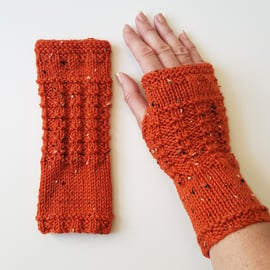 Fingerless Gloves Mittens Wrist Warmers in Burnt Orange Tweed Aran Wool