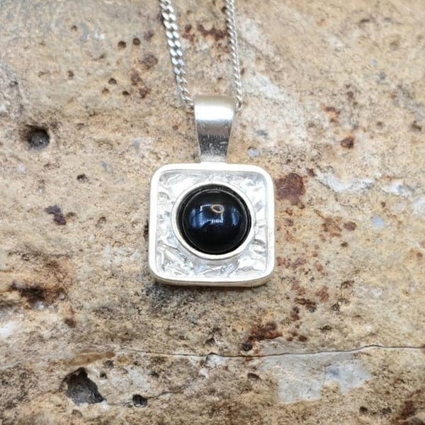 Tiny Square black onyx pendant necklace. December Birthstone