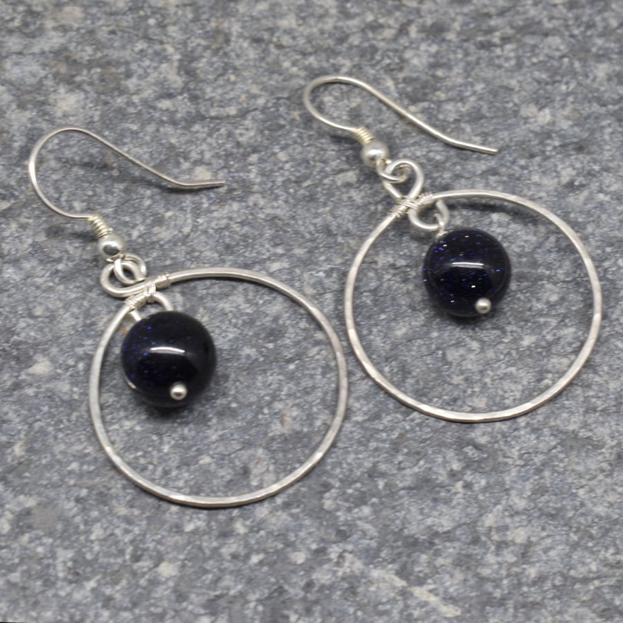 Blue Goldstone and Sterling Silver Hoop Earrings