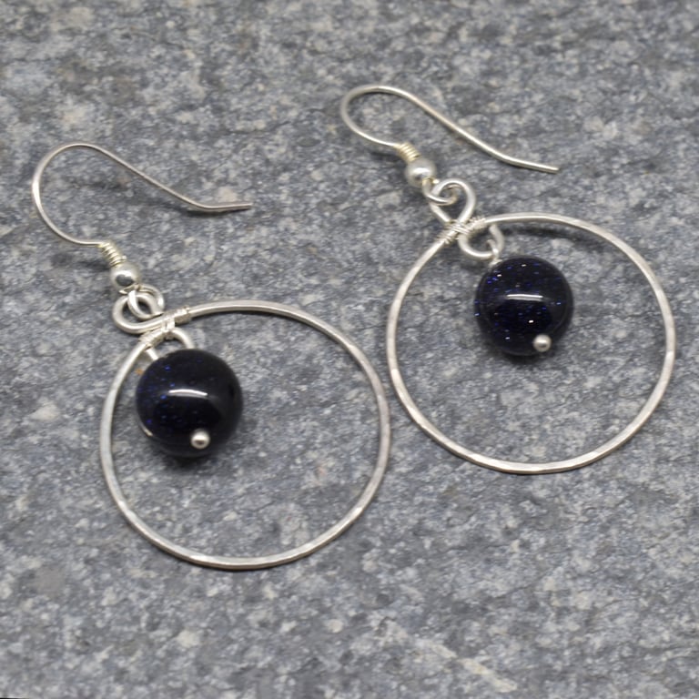 Blue Goldstone and Sterling Silver Hoop Earrings