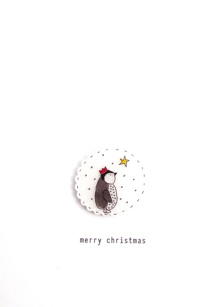 SALE - merry christmas - baby penguin and star - handmade christmas card