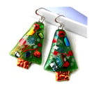 Christmas Tree Earrings Fused Glass Handmade Decorative Sterling Silver hooks