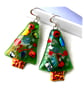 Christmas Tree Earrings Fused Glass Handmade Decorative Sterling Silver hooks - Image 1