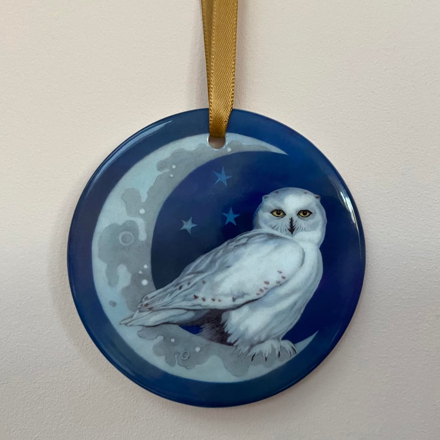 Ceramic OWL decoration - snowy owl hanging ornament, tree ornament